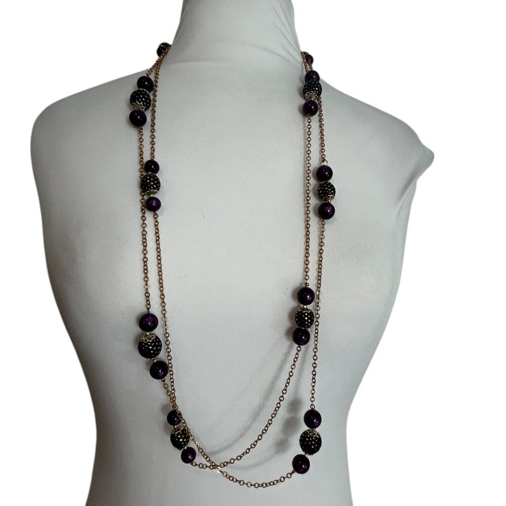 Long Beaded Chain Necklace Purple Navy Blue Gold Tone Statement Jewelry